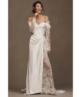 Watters Harlow Off-The-Shoulder Satin & Lace Wedding Gown