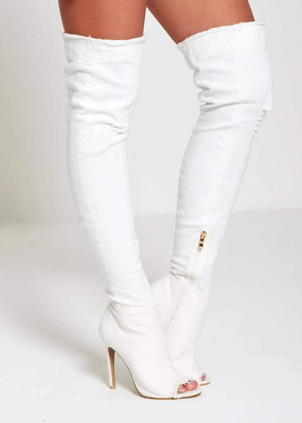 White Denim Ripped Thigh Boots