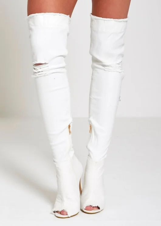 White Denim Ripped Thigh Boots