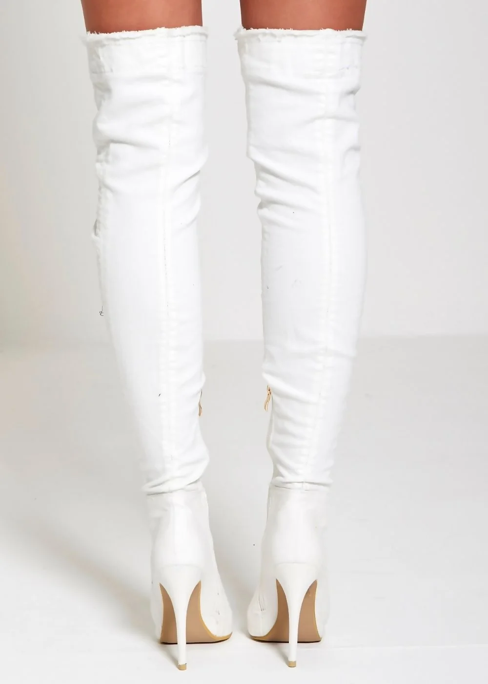 White Denim Ripped Thigh Boots