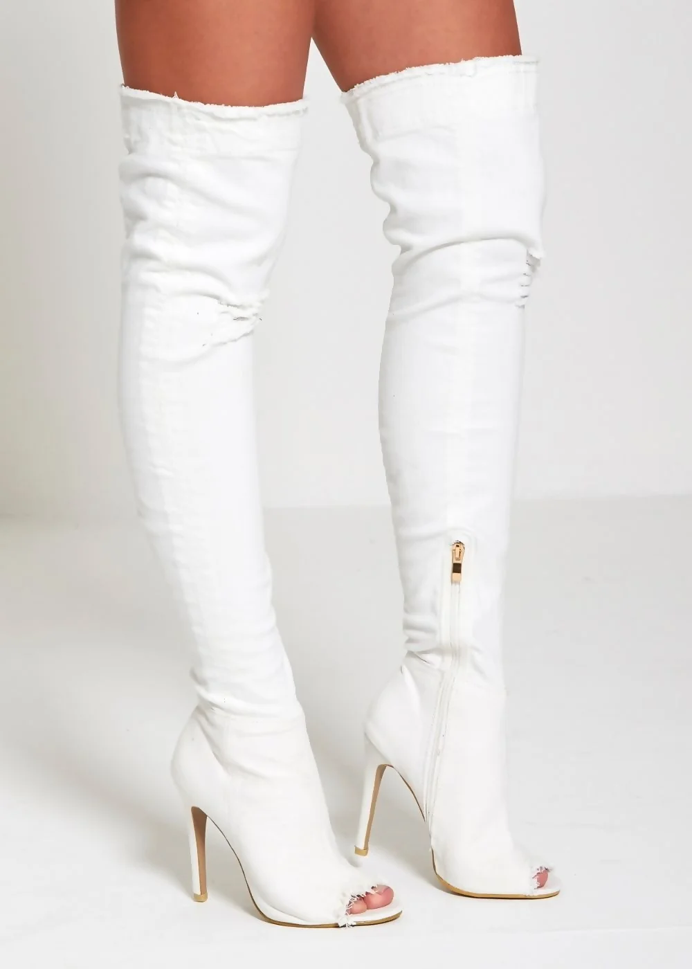 White Denim Ripped Thigh Boots