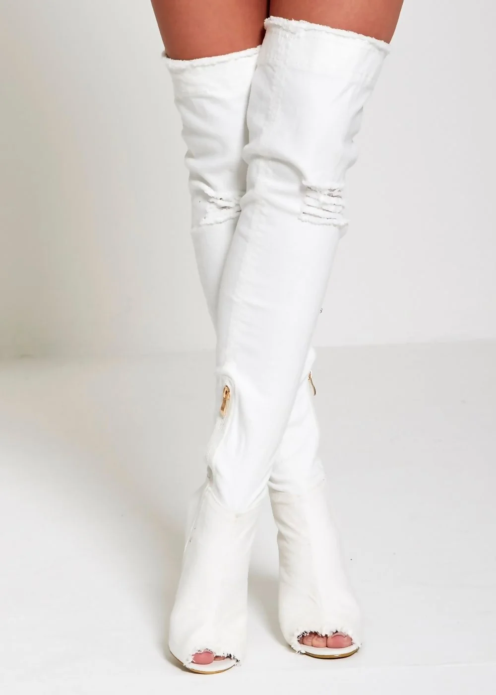 White Denim Ripped Thigh Boots