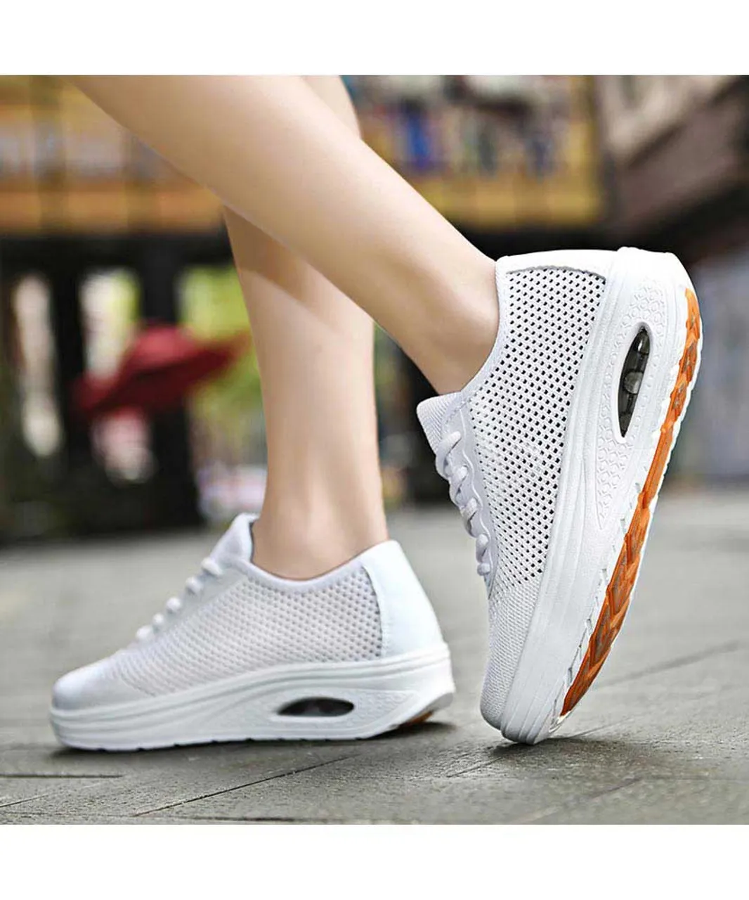 White flyknit hollow cut rocker bottom shoe sneaker