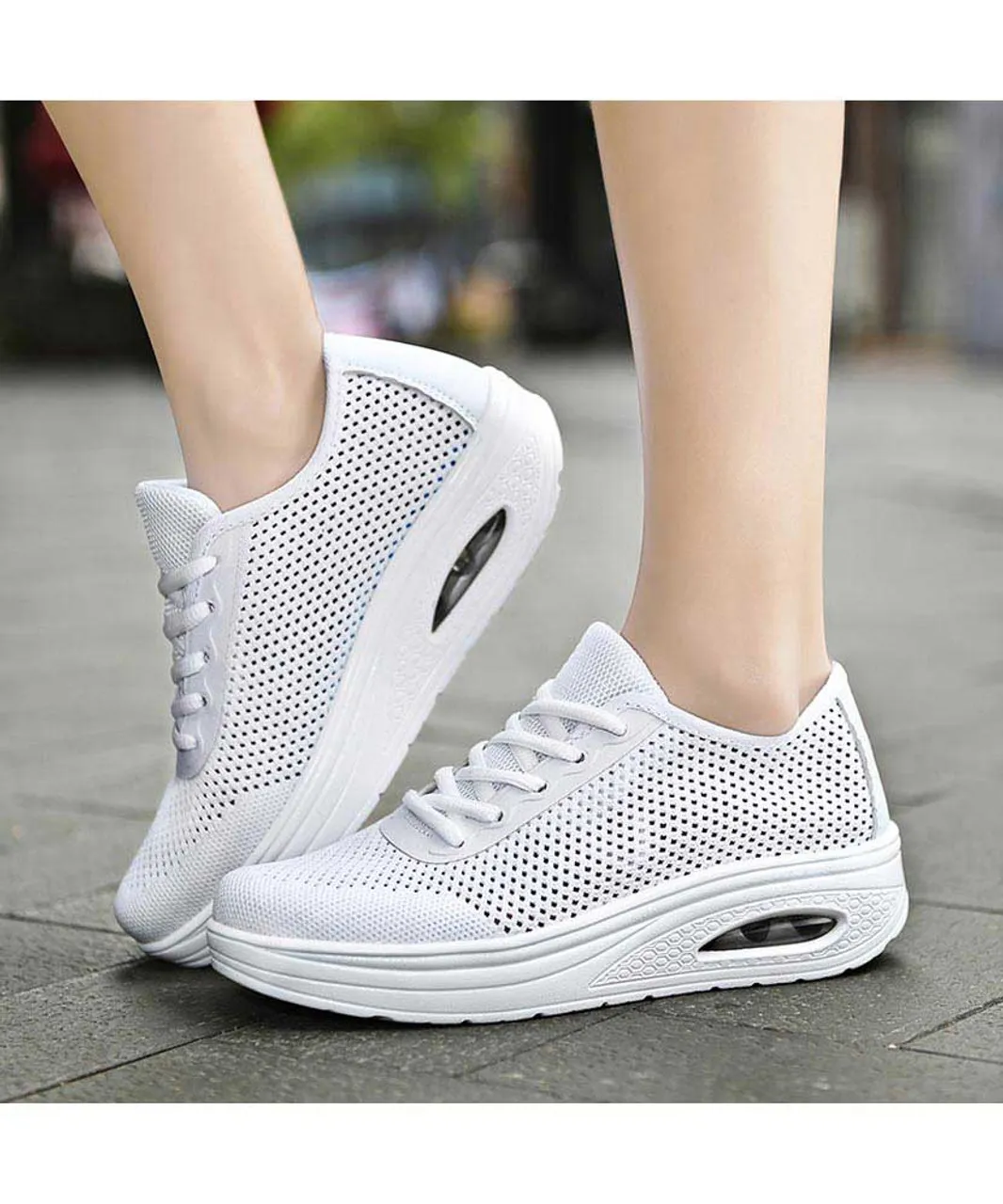 White flyknit hollow cut rocker bottom shoe sneaker