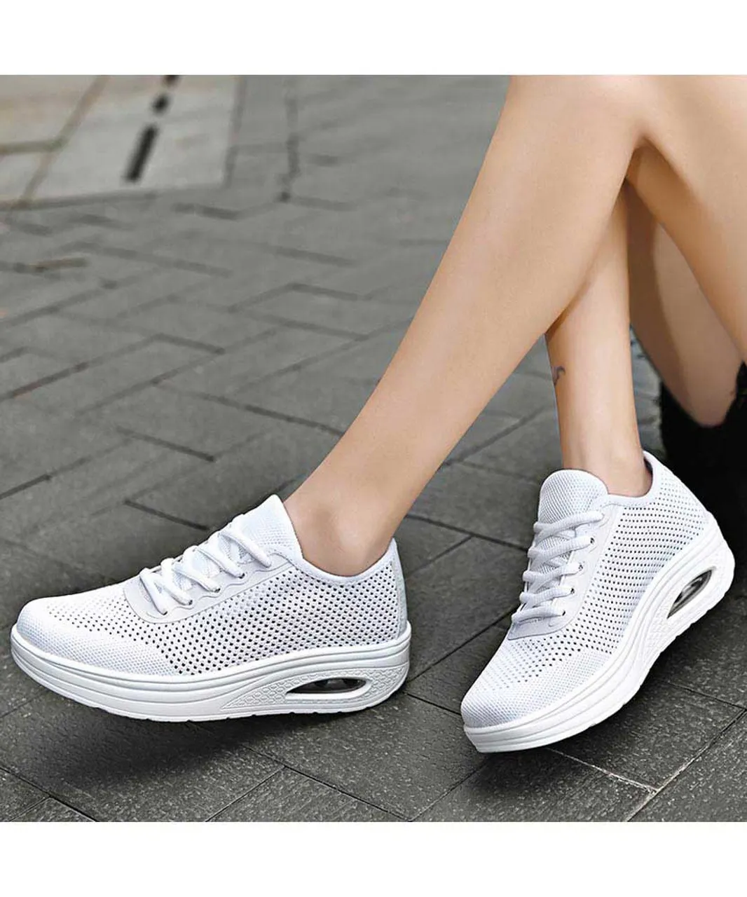 White flyknit hollow cut rocker bottom shoe sneaker