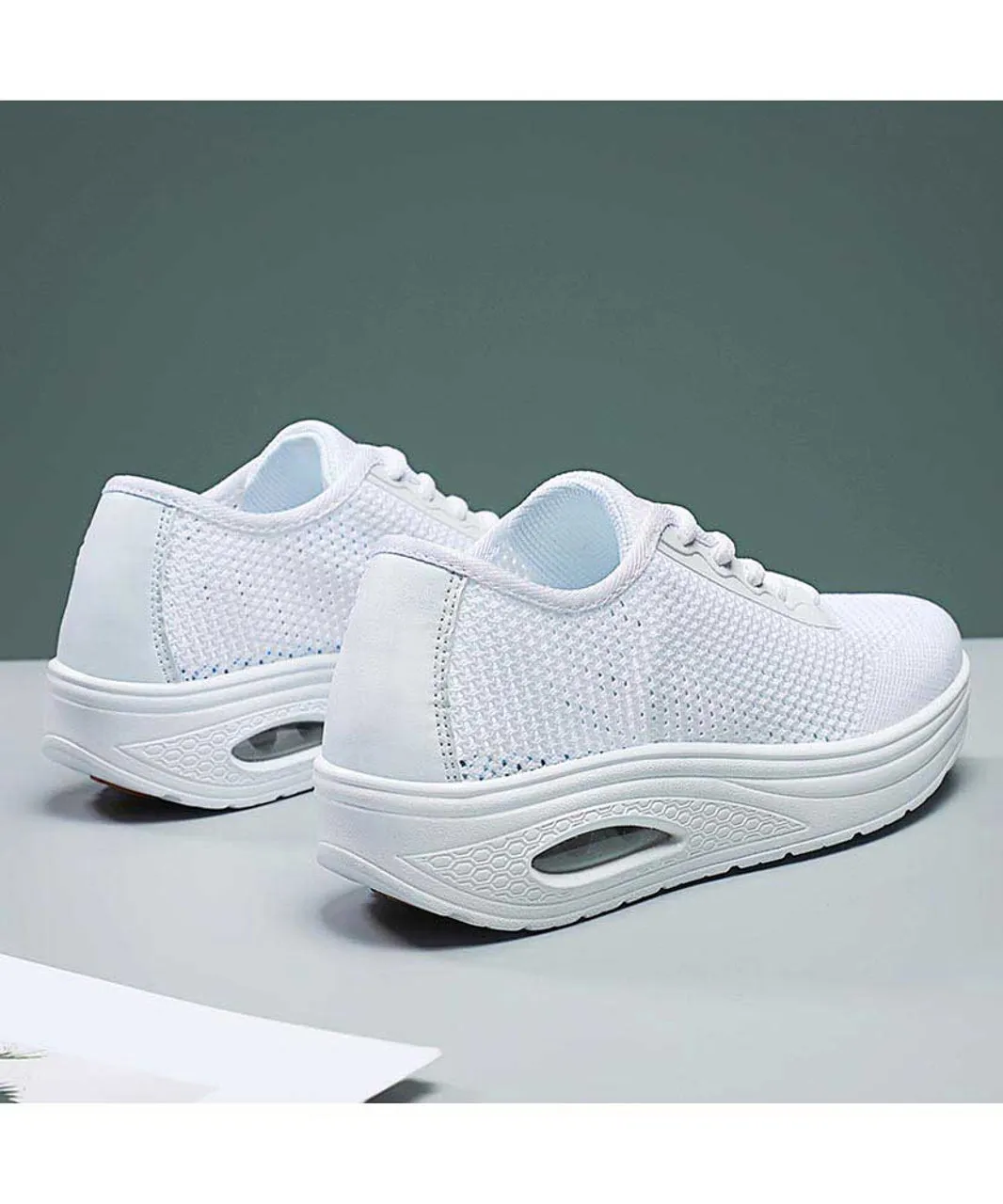 White flyknit hollow cut rocker bottom shoe sneaker