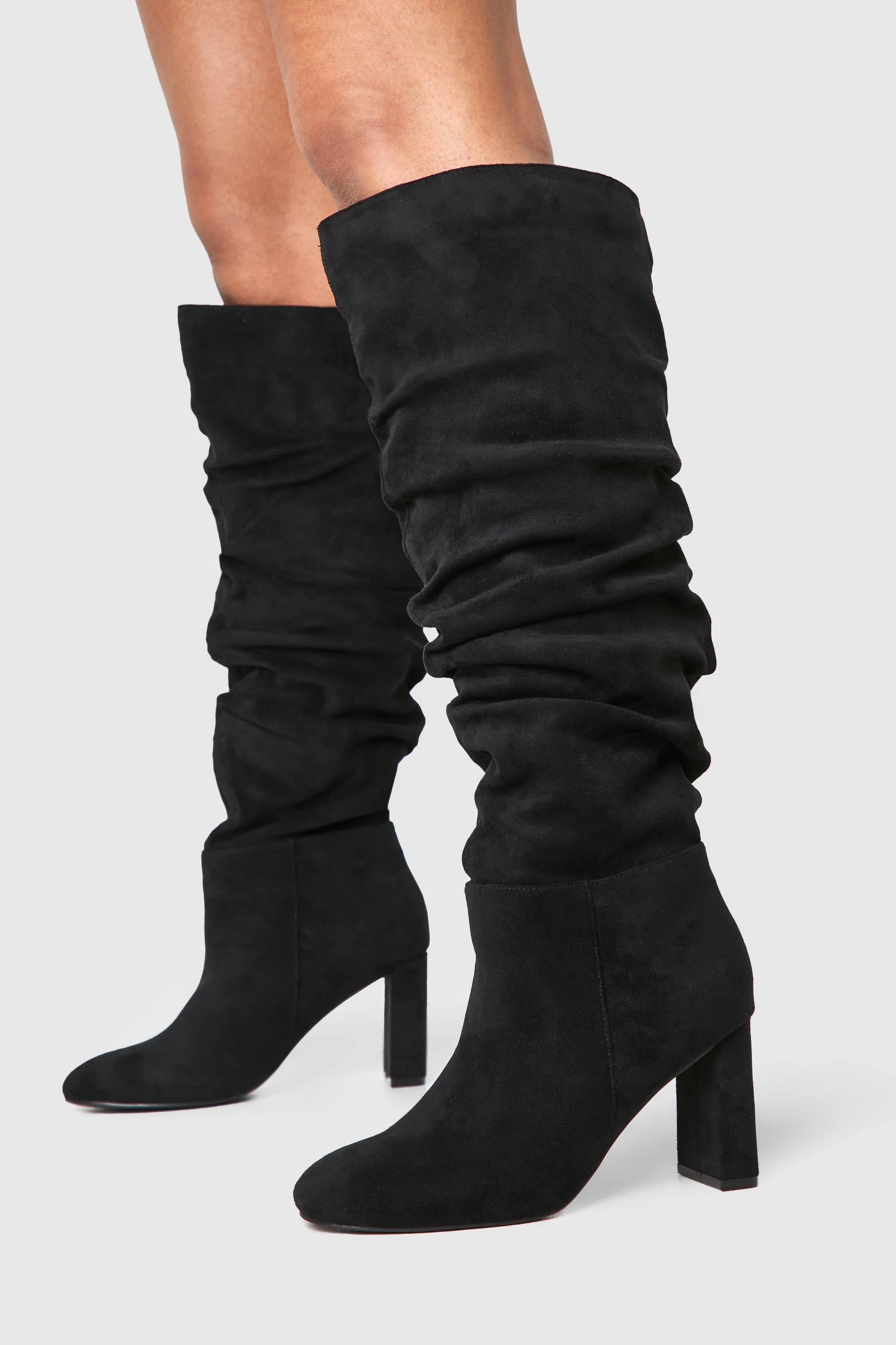 Wide Width Ruched Detail Block Heel Boots