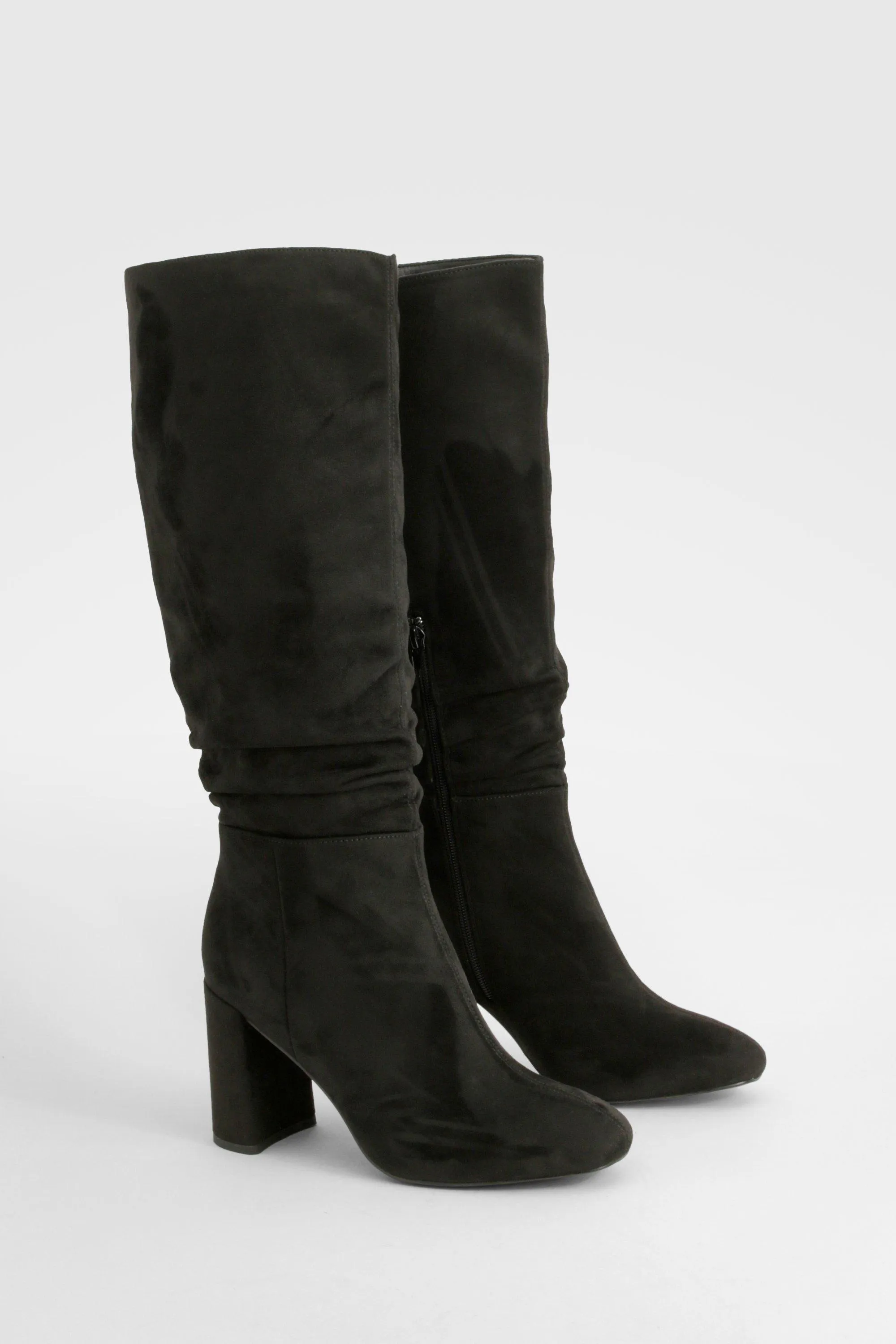 Wide Width Ruched Wide Shaft Heeled Knee High Boots