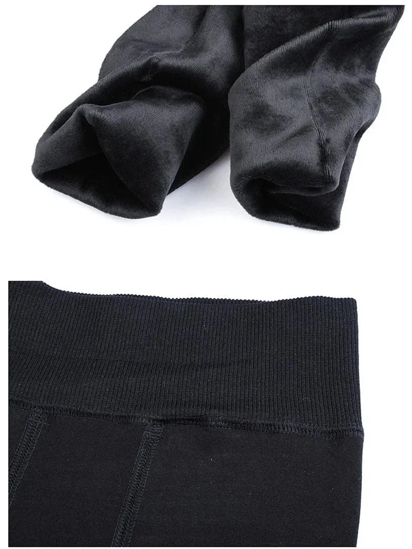 Winter women's fleece-lined leggings with side pockets.