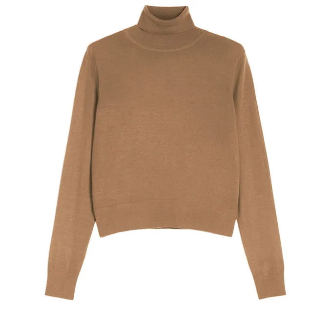 Woman Camel Turtleneck Top - Shop Now.