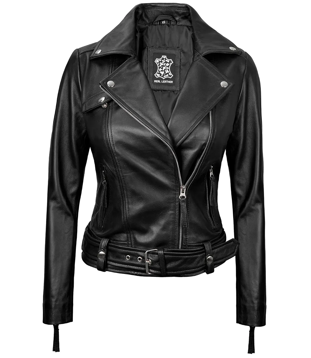 Women's Black Asymmetrical Real Leather Biker Jacket - Edgy Moto Style