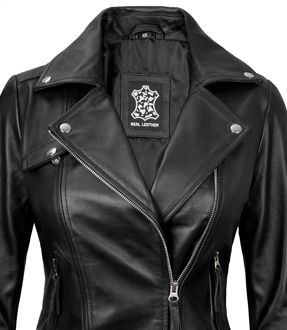 Women's Black Asymmetrical Real Leather Biker Jacket - Edgy Moto Style