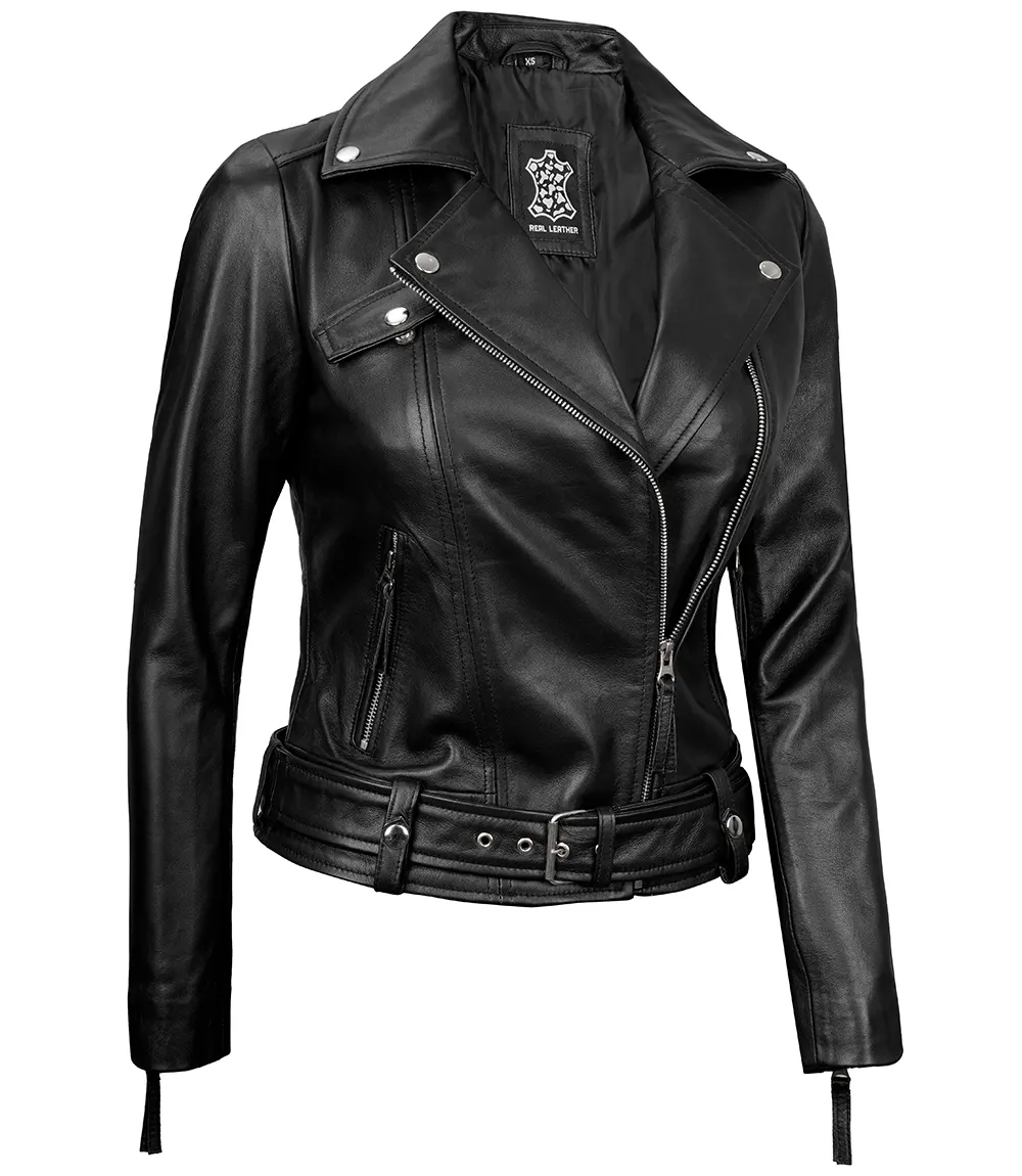 Women's Black Asymmetrical Real Leather Biker Jacket - Edgy Moto Style