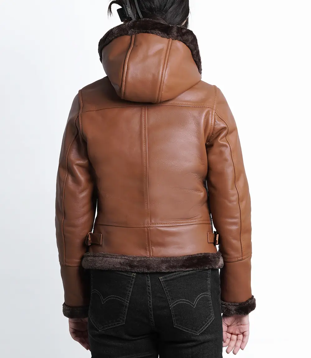 Women's Cognac Brown Leather Hooded Shearling Jacket