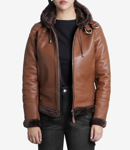 Women's Cognac Brown Leather Hooded Shearling Jacket