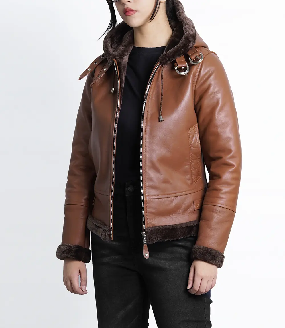 Women's Cognac Brown Leather Hooded Shearling Jacket