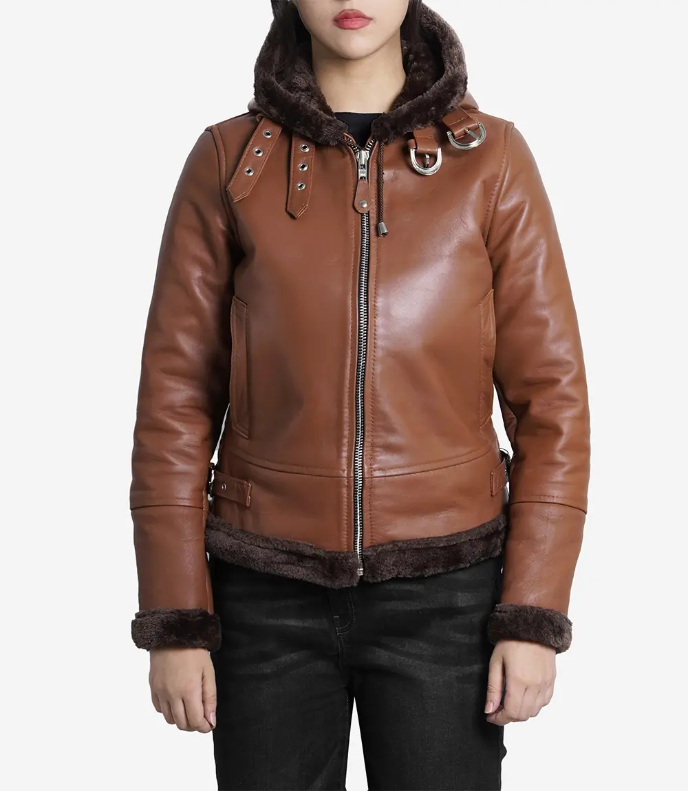 Women's Cognac Brown Leather Hooded Shearling Jacket