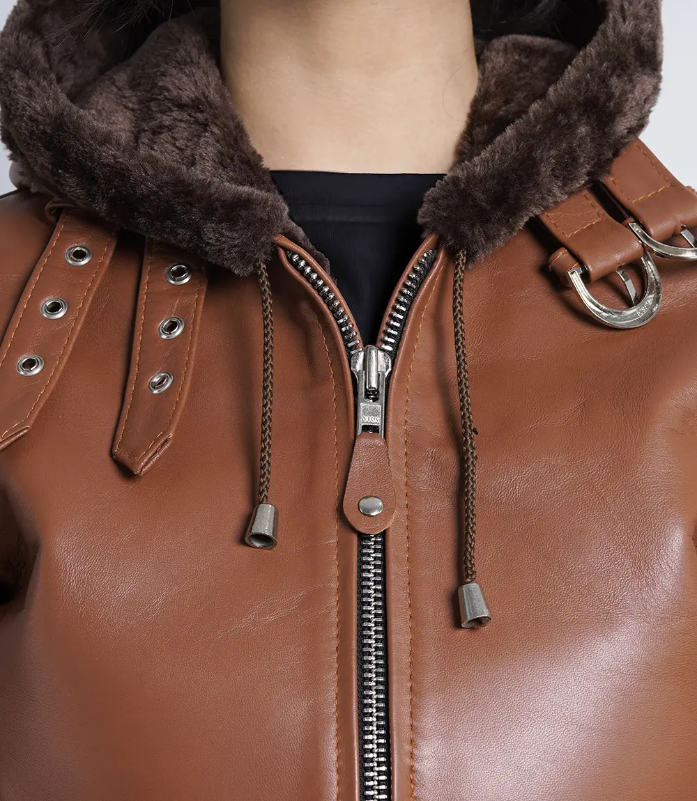 Women's Cognac Brown Leather Hooded Shearling Jacket