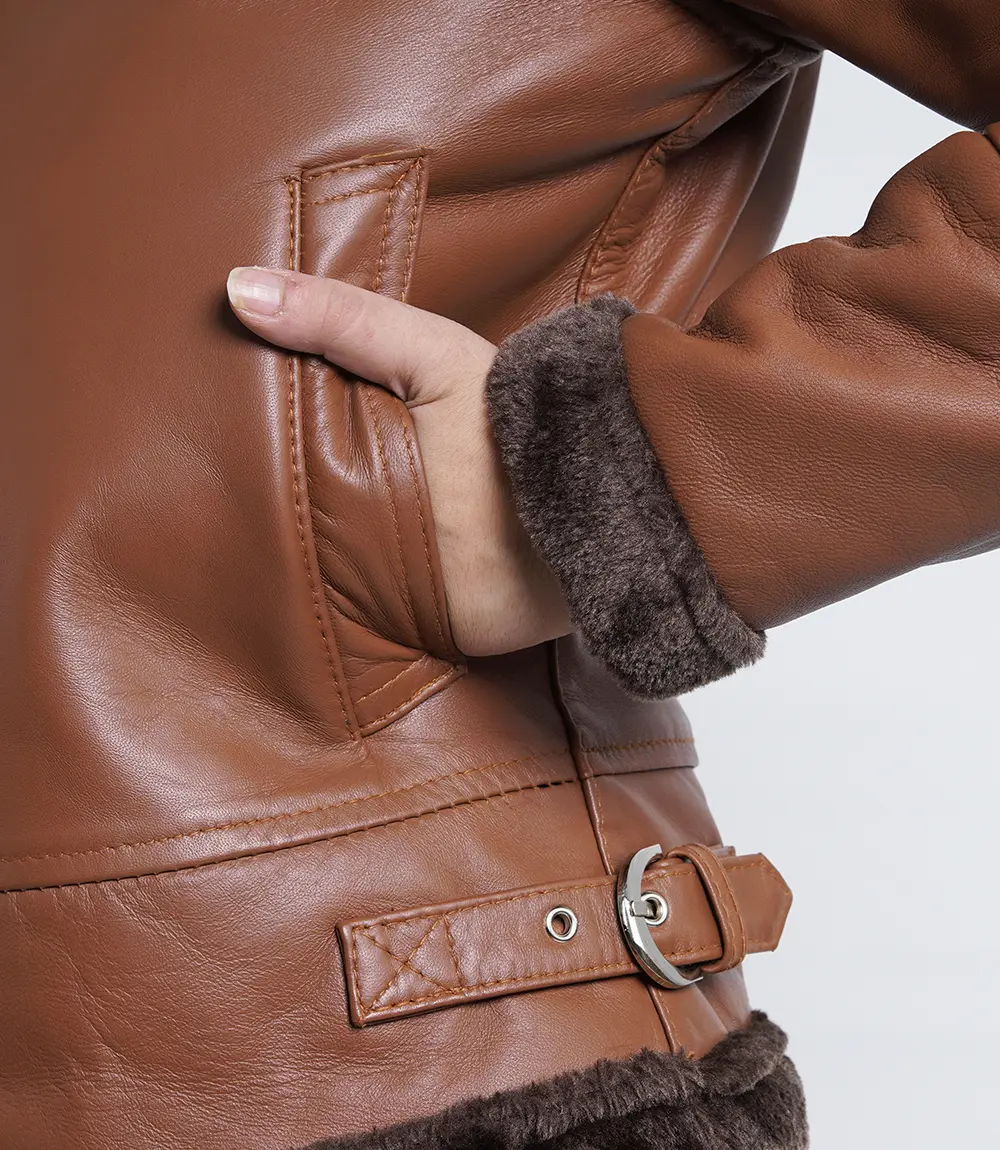 Women's Cognac Brown Leather Hooded Shearling Jacket