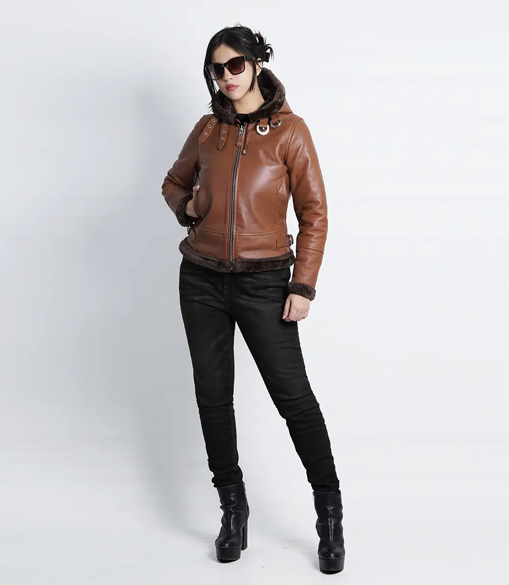 Women's Cognac Brown Leather Hooded Shearling Jacket