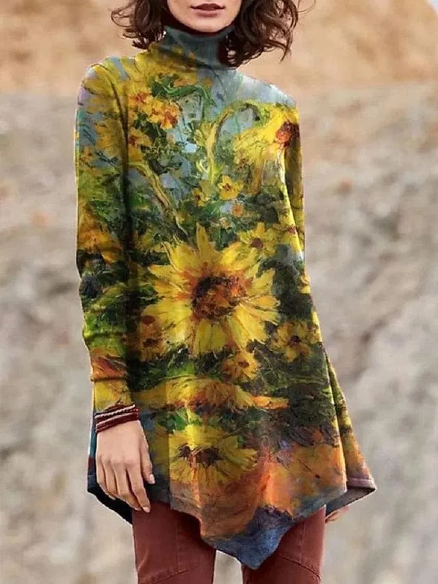 Women's Leaf Print Turtleneck Long Sleeve T-Shirt for Fall & Winter