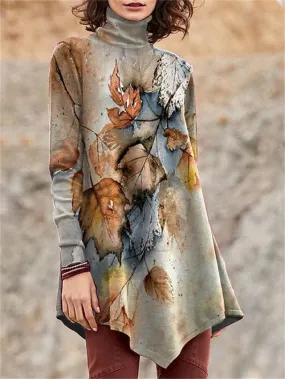 Women's Leaf Print Turtleneck Long Sleeve T-Shirt for Fall & Winter