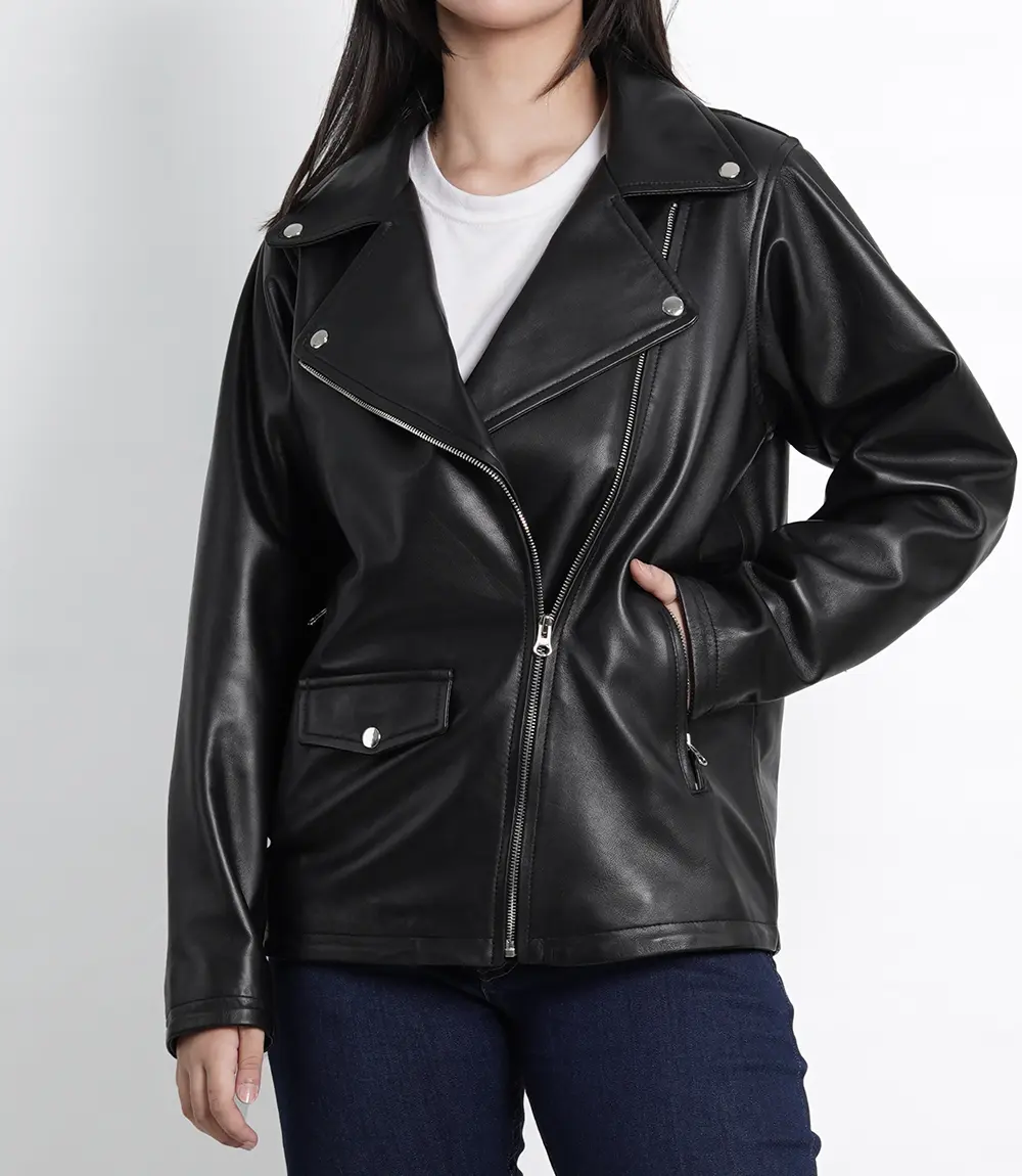 Womens Oversized Asymmetrical Black Leather Jacket