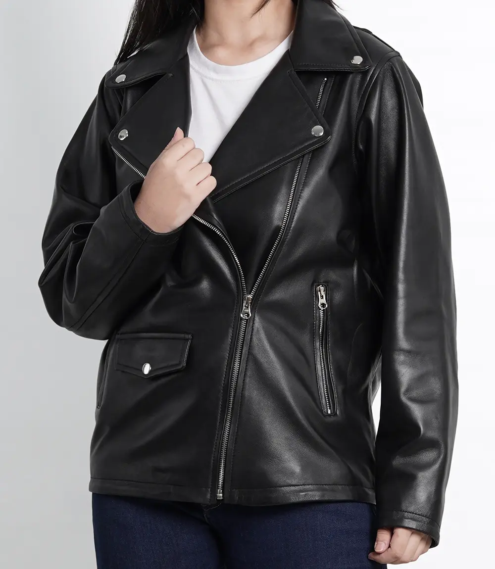 Womens Oversized Asymmetrical Black Leather Jacket