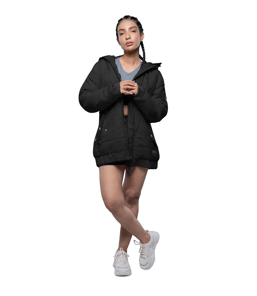 Womens Quilted Style Black Puffer Jacket With Hood