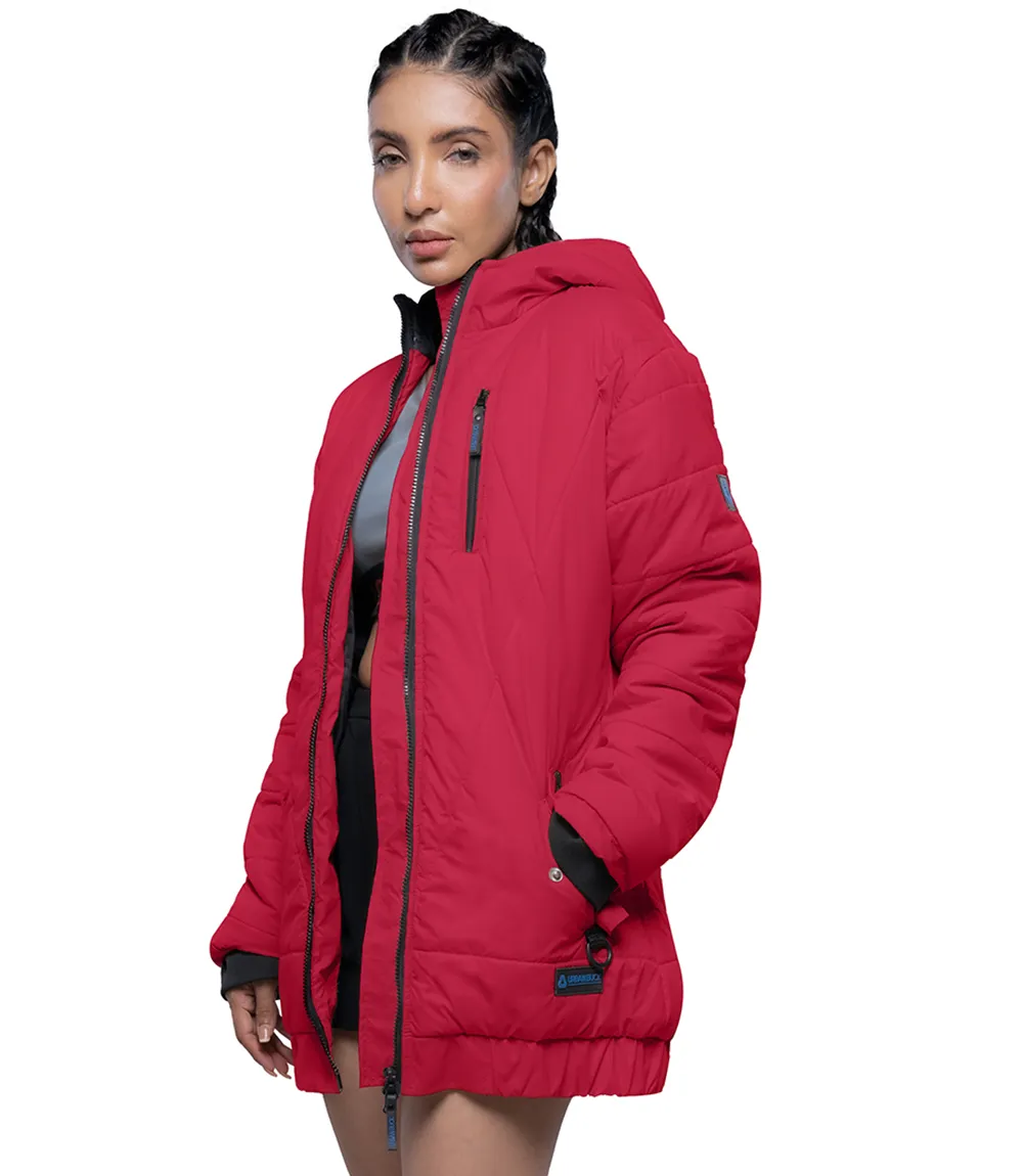 Womens Quilted Style Red Puffer Jacket With Hood