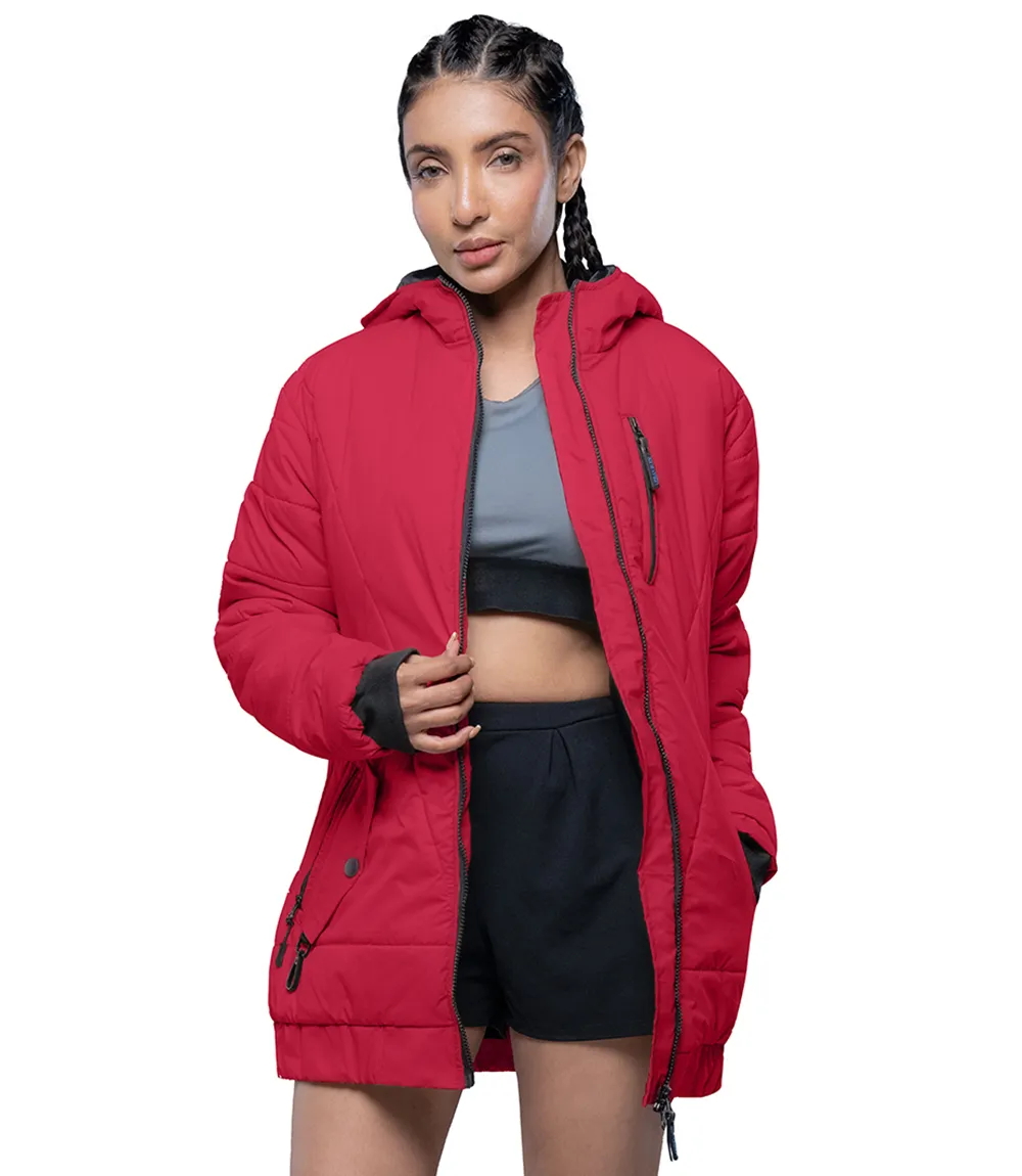 Womens Quilted Style Red Puffer Jacket With Hood