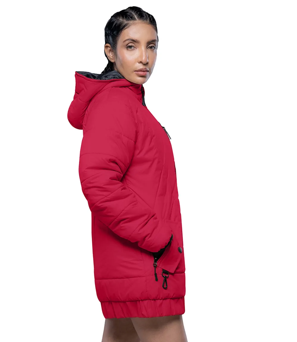 Womens Quilted Style Red Puffer Jacket With Hood