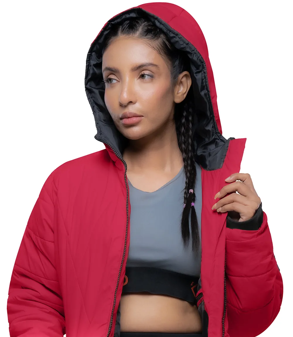 Womens Quilted Style Red Puffer Jacket With Hood