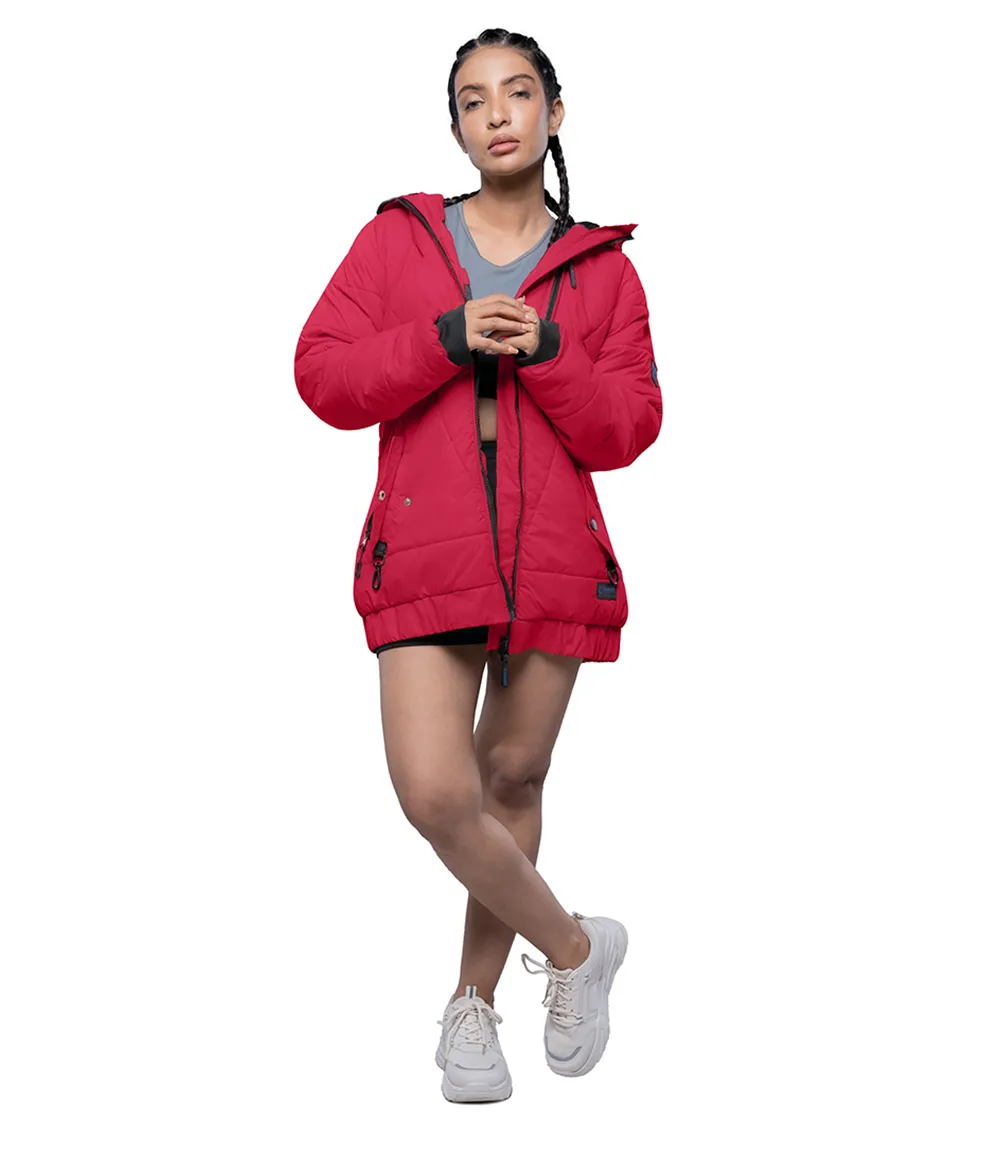 Womens Quilted Style Red Puffer Jacket With Hood