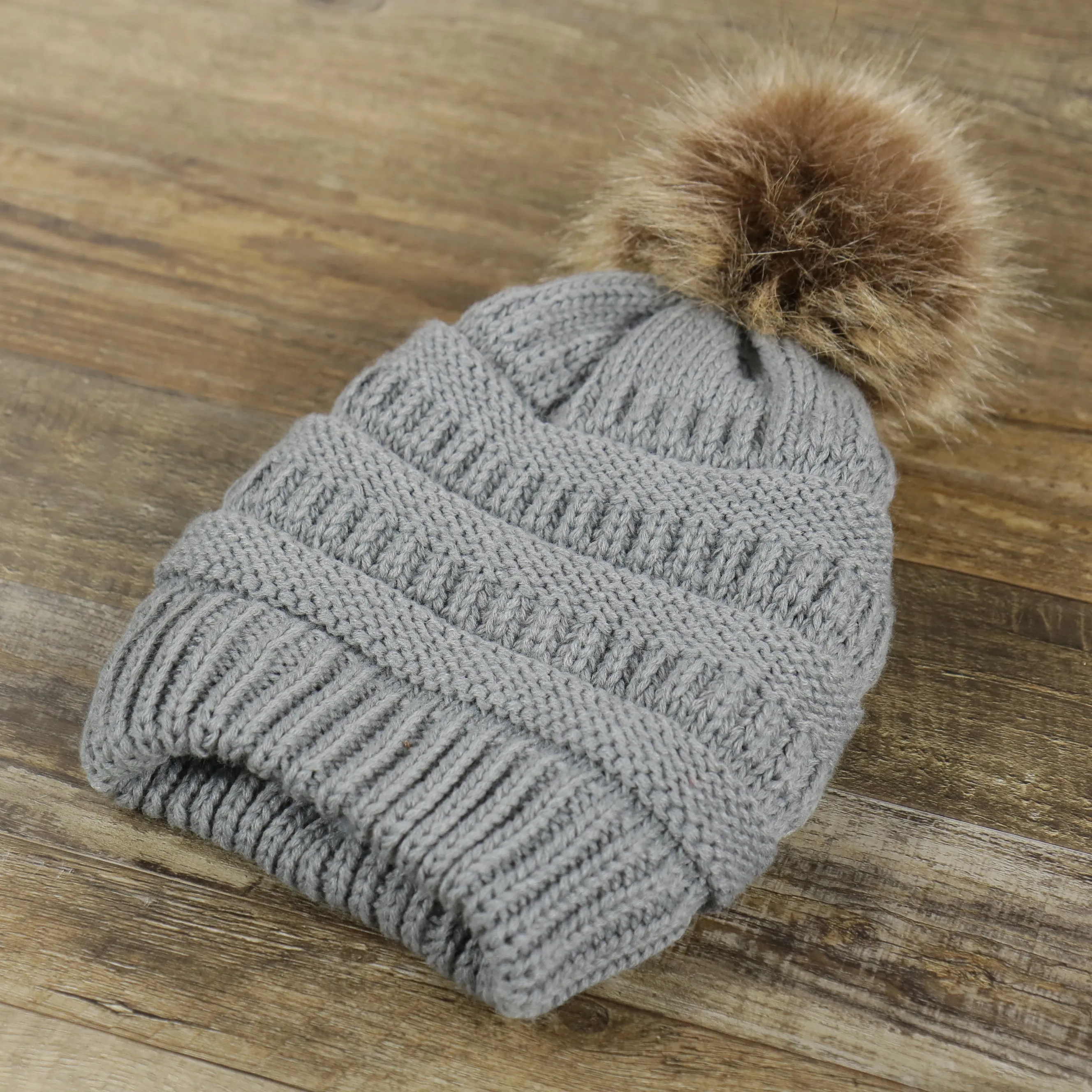 Youth Fisherman Knit Winter Beanie - Charcoal Gray with Faux Fur Pom Pom