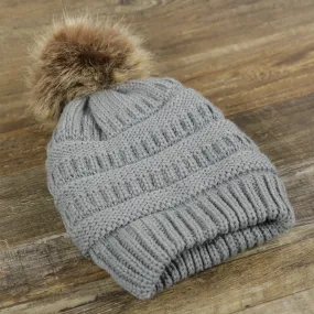 Youth Fisherman Knit Winter Beanie - Charcoal Gray with Faux Fur Pom Pom