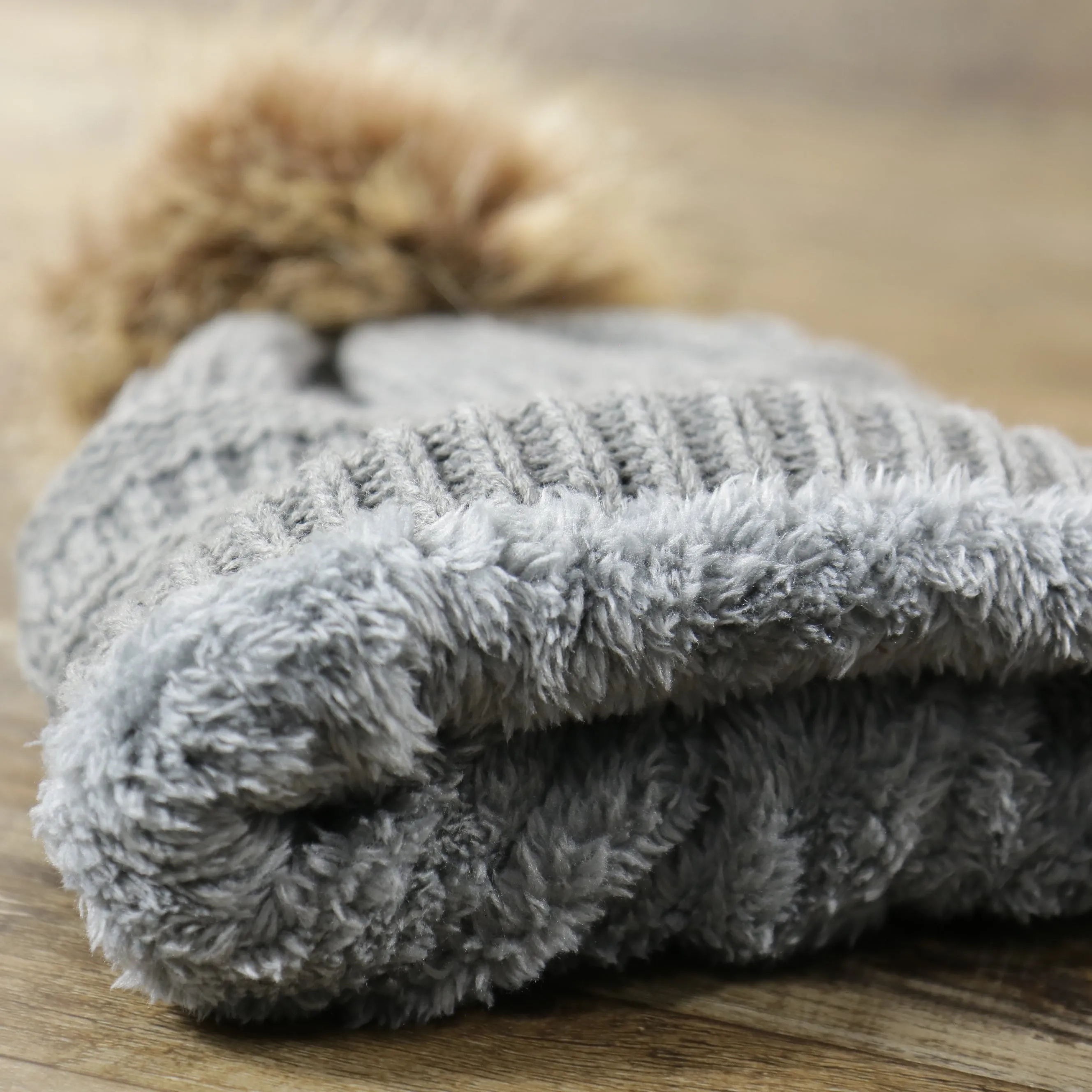 Youth Fisherman Knit Winter Beanie - Charcoal Gray with Faux Fur Pom Pom