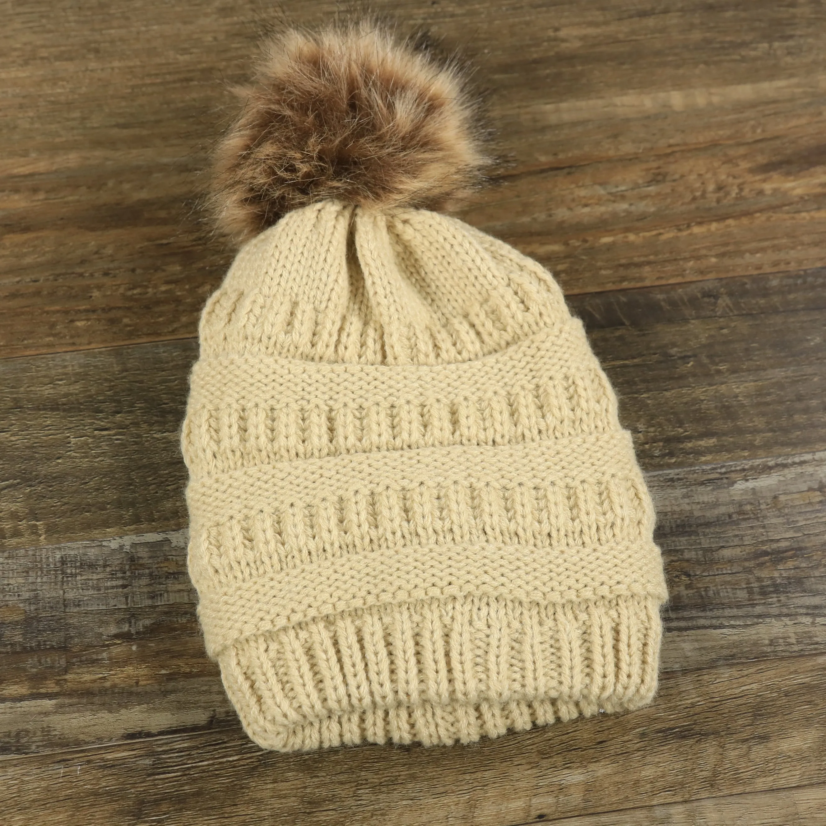 Youth Khaki Winter Beanie with Faux Fur Pom Pom - Fisherman Knit Design