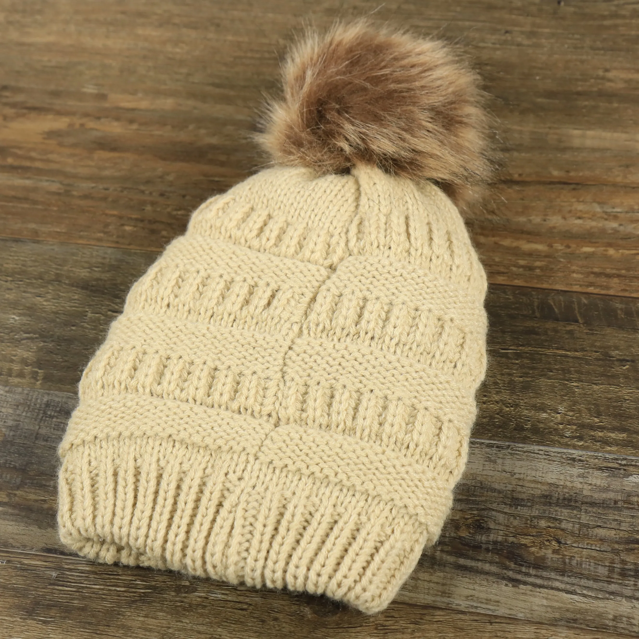 Youth Khaki Winter Beanie with Faux Fur Pom Pom - Fisherman Knit Design