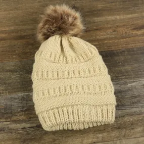 Youth Khaki Winter Beanie with Faux Fur Pom Pom - Fisherman Knit Design