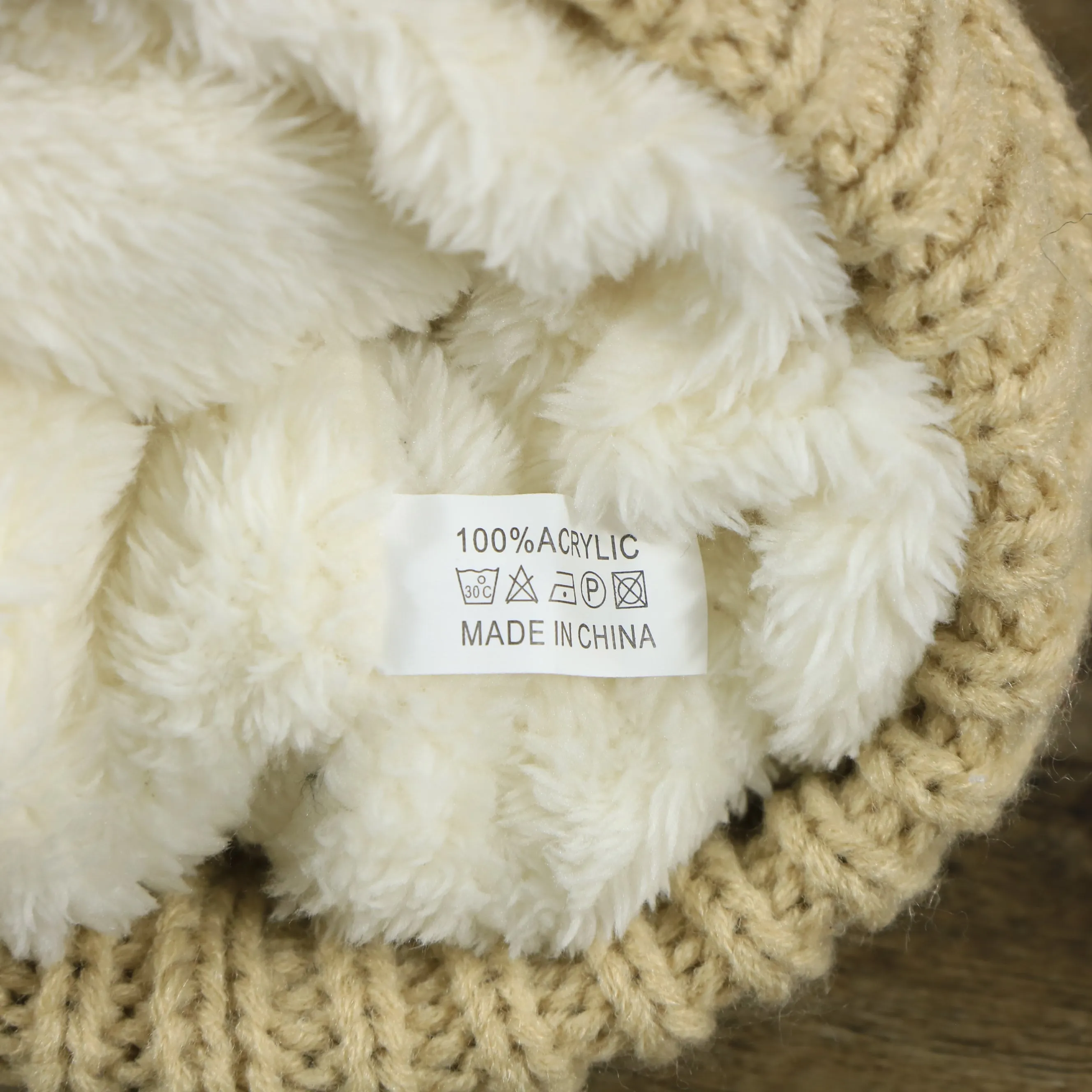 Youth Khaki Winter Beanie with Faux Fur Pom Pom - Fisherman Knit Design