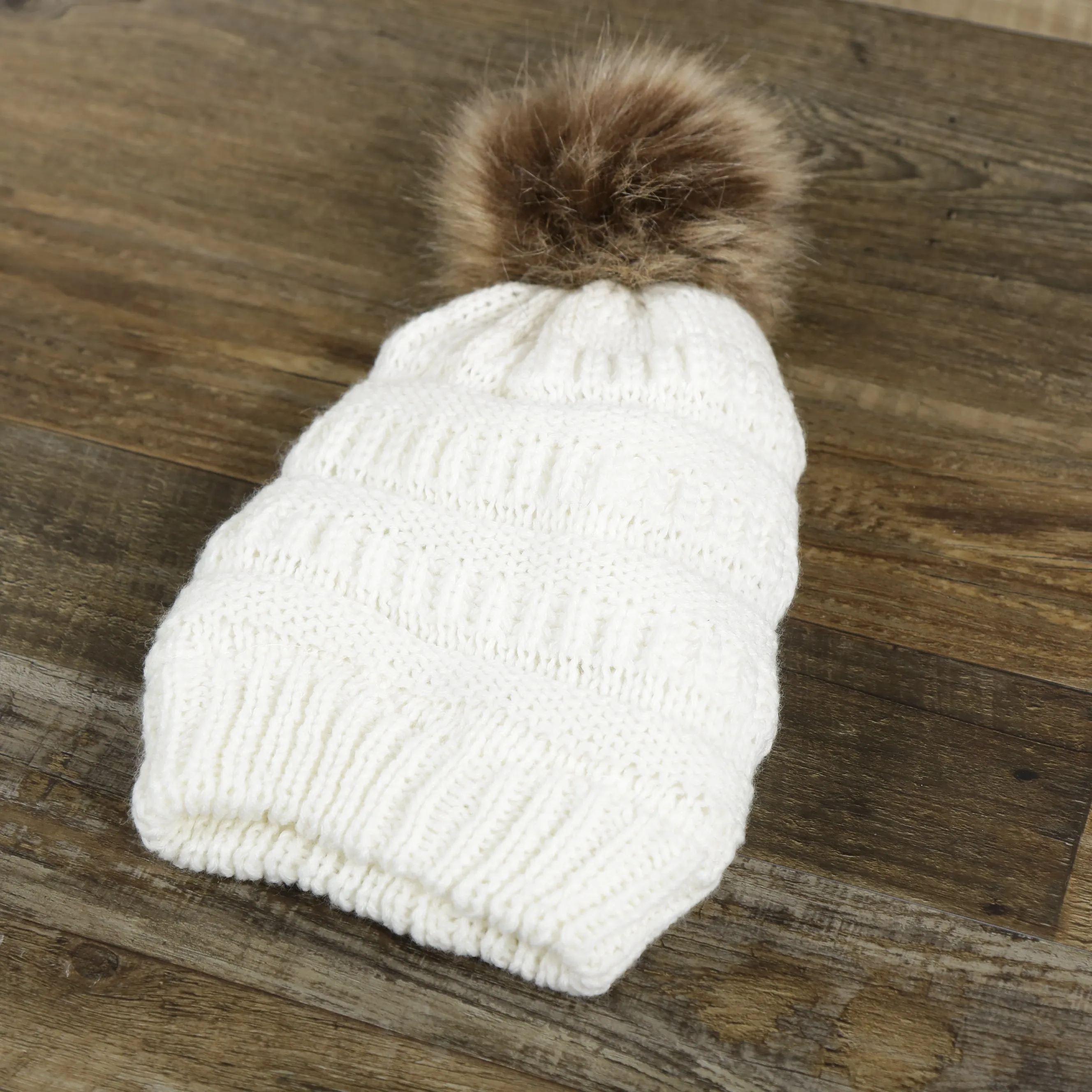 Youth Winter Beanie with Faux Fur Pom Pom | White Fisherman Knit Beanie