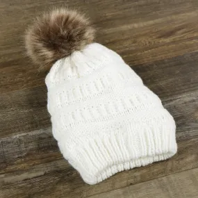 Youth Winter Beanie with Faux Fur Pom Pom | White Fisherman Knit Beanie