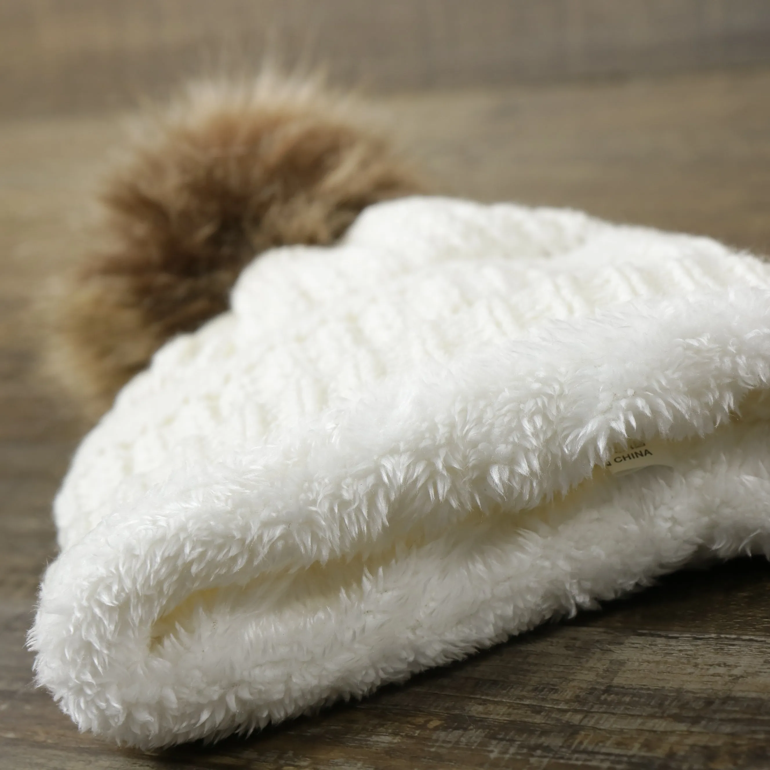 Youth Winter Beanie with Faux Fur Pom Pom | White Fisherman Knit Beanie