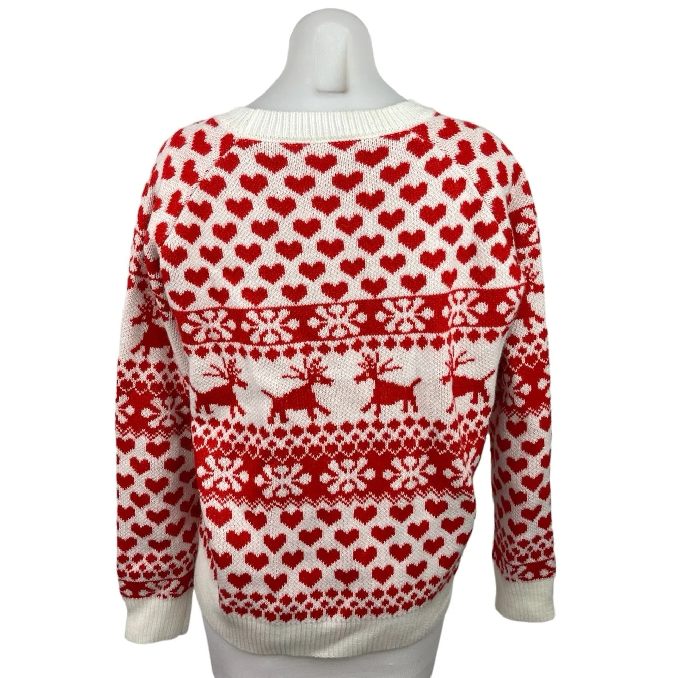 Zaful Red White Reindeer Heart Crewneck Pullover Long Sleeve Christmas Sweater 8