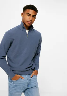 Zipped collar structured jumper in blue