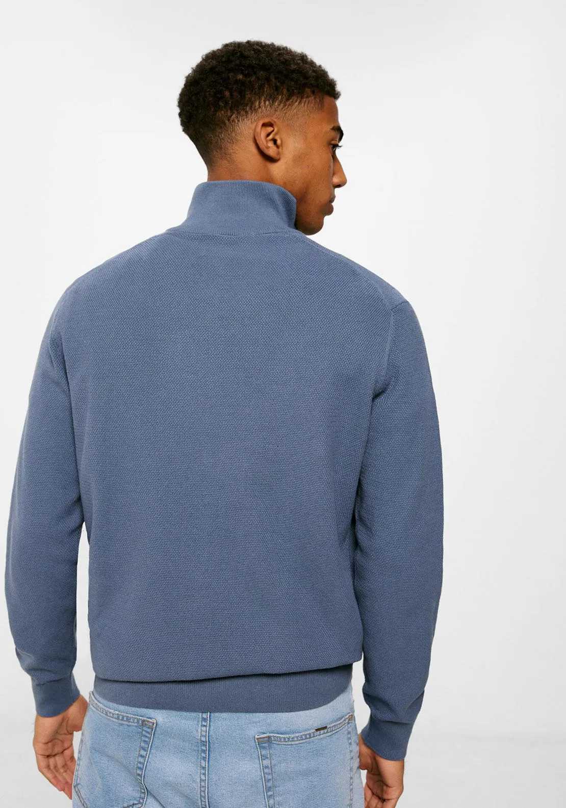 Zipped collar structured jumper in blue